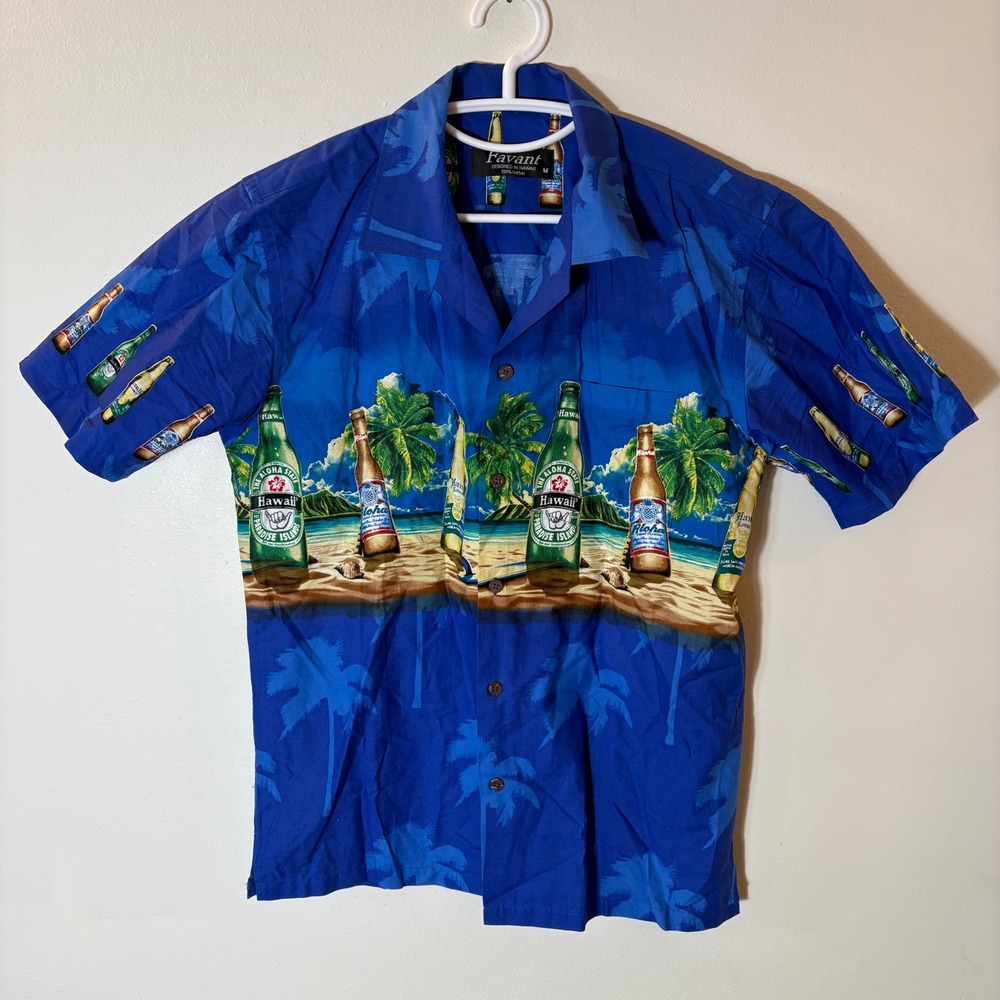 Favant Beer Bottle Band Short-Sleeve Hawaiian Aloha Shirt in Blue Size‎ Medium